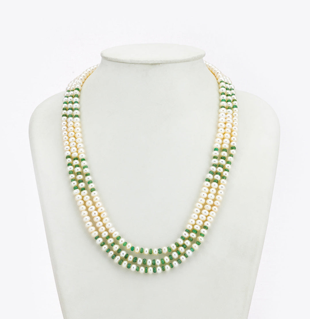 Natural Emerald Pearl 3 Strand Necklace Set