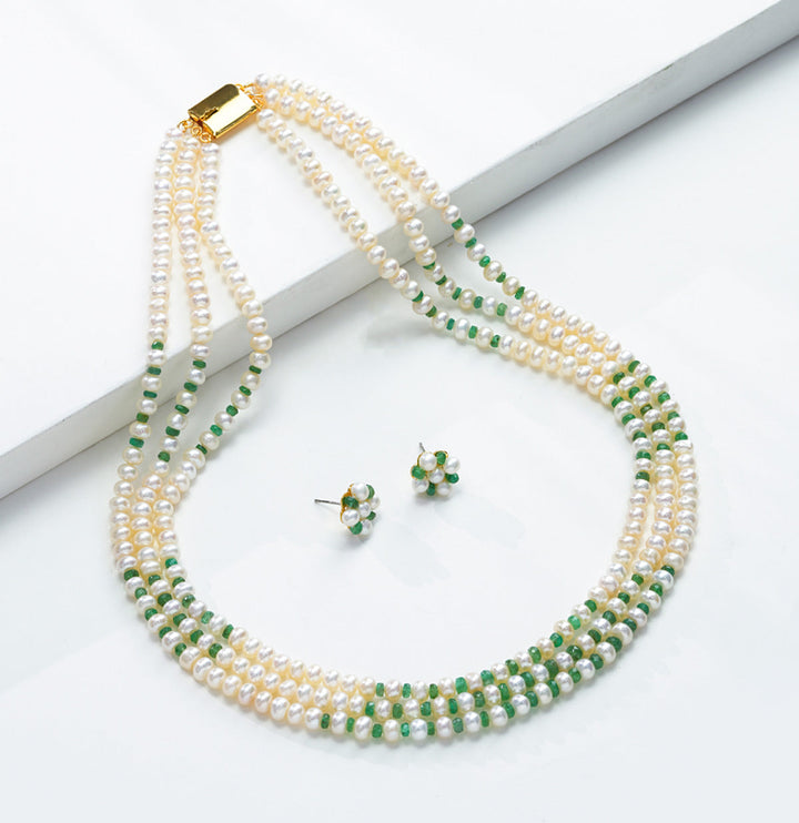 Natural Emerald Pearl 3 Strand Necklace Set