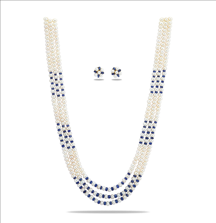 Exotic Sapphire 3 Strand Pure Pearl Necklace Set