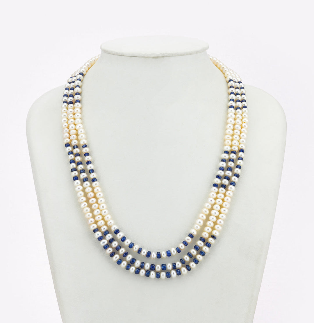 Exotic Sapphire 3 Strand Pure Pearl Necklace Set