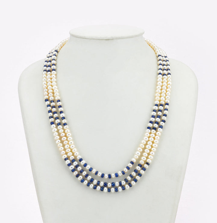 Exotic Sapphire 3 Strand Pure Pearl Necklace Set