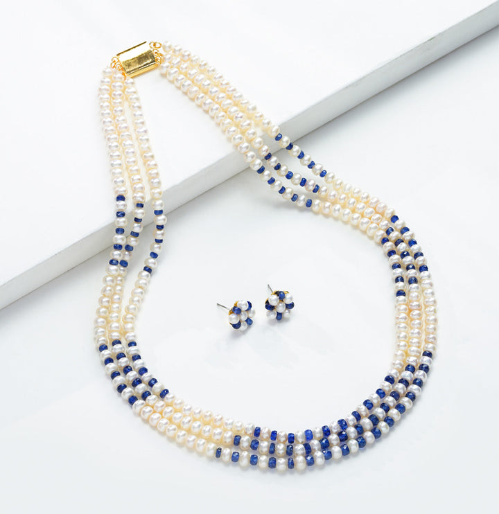 Exotic Sapphire 3 Strand Pure Pearl Necklace Set