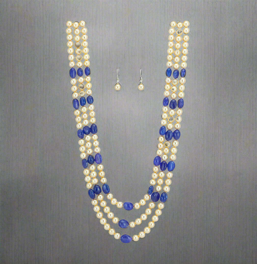3 Strand Real Tanzanite Beads and Golden Saltwater Akoya Pearls Necklace Set