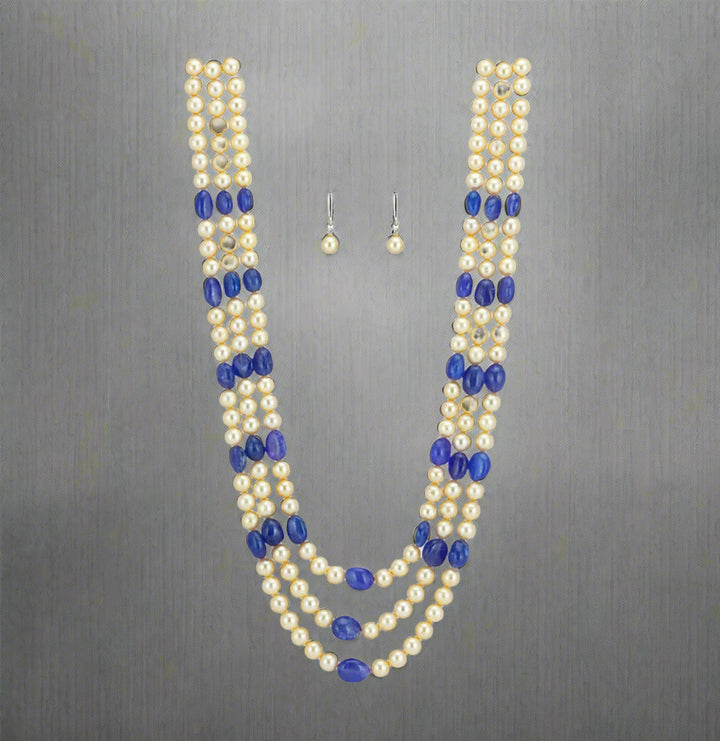 3 Strand Real Tanzanite Beads and Golden Saltwater Akoya Pearls Necklace Set