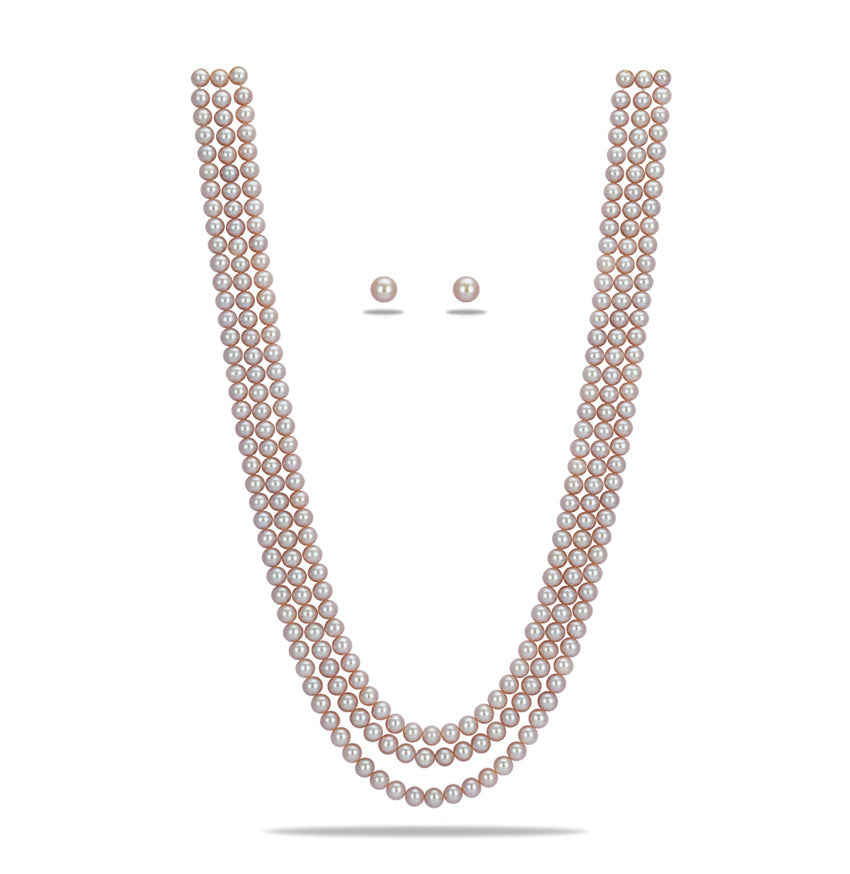 3 Strand Pink Round Pearl Necklace Set