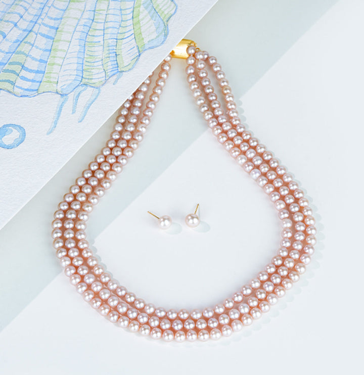 3 Strand Pink Round Pearl Necklace Set