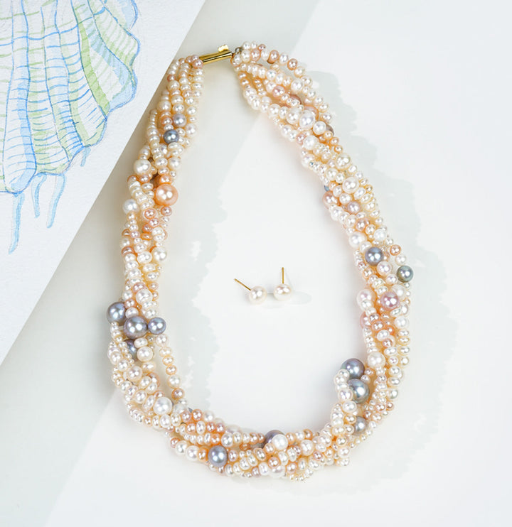 Multistrands strands Graceful Freshwater Multicolor Pearl Necklace Set