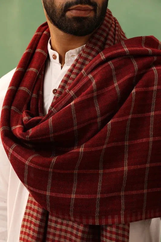 Riyaz Maroon Cashmere Checkered Stole for Men | SHOBITAM