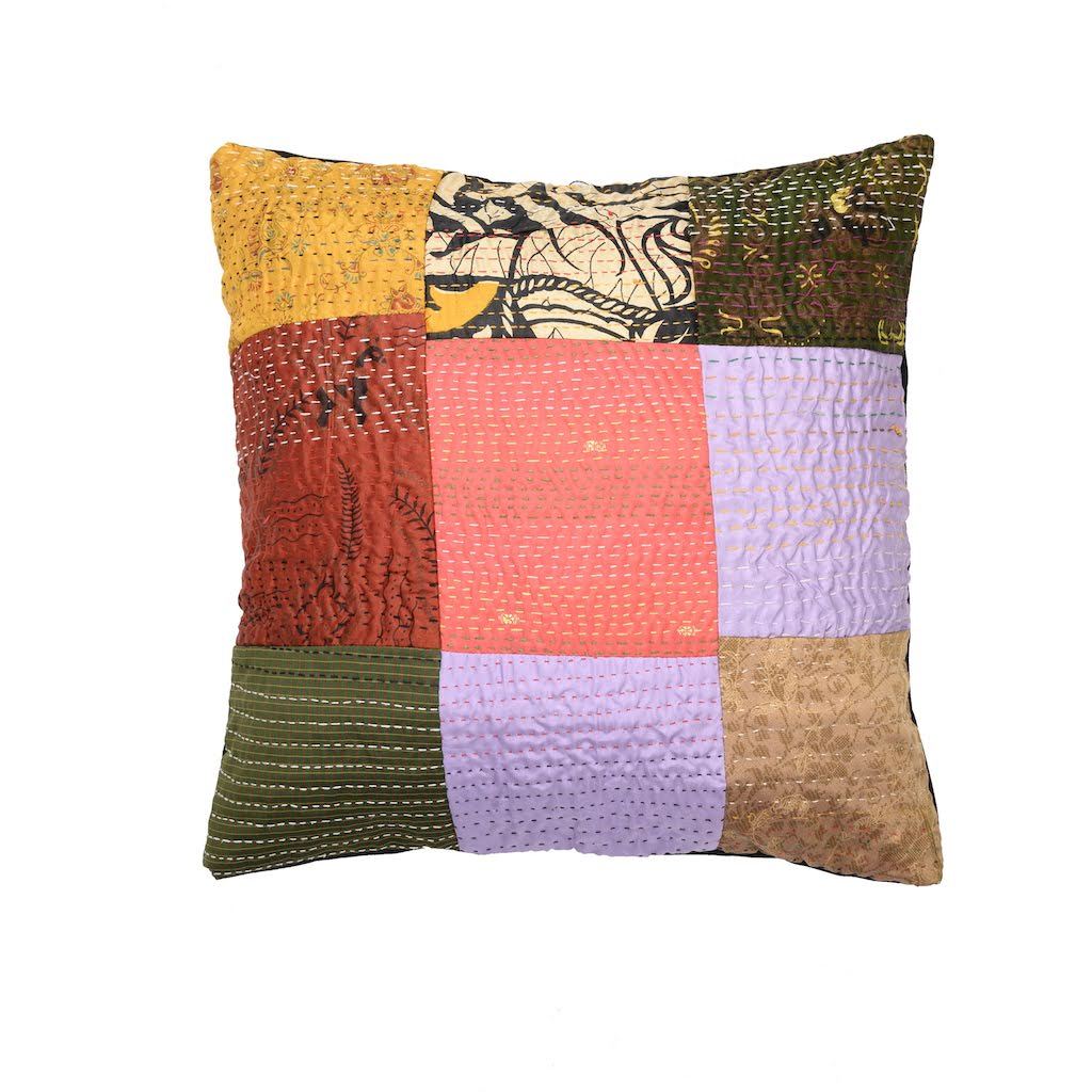 16 x 16 Multi Silk Patch Kantha Cushion cover - Pack of 1 | SHOBITAM