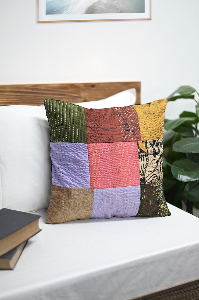 16 x 16 Multi Silk Patch Kantha Cushion cover - Pack of 1 | SHOBITAM