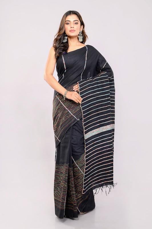 Black Khesh Kantha Cotton Saree with Blouse piece | SHOBITAM