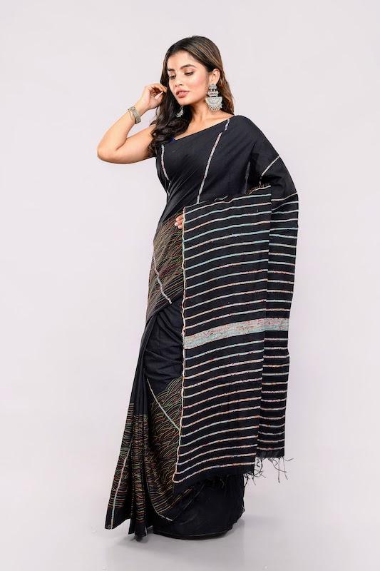 Black Khesh Kantha Cotton Saree with Blouse piece | SHOBITAM