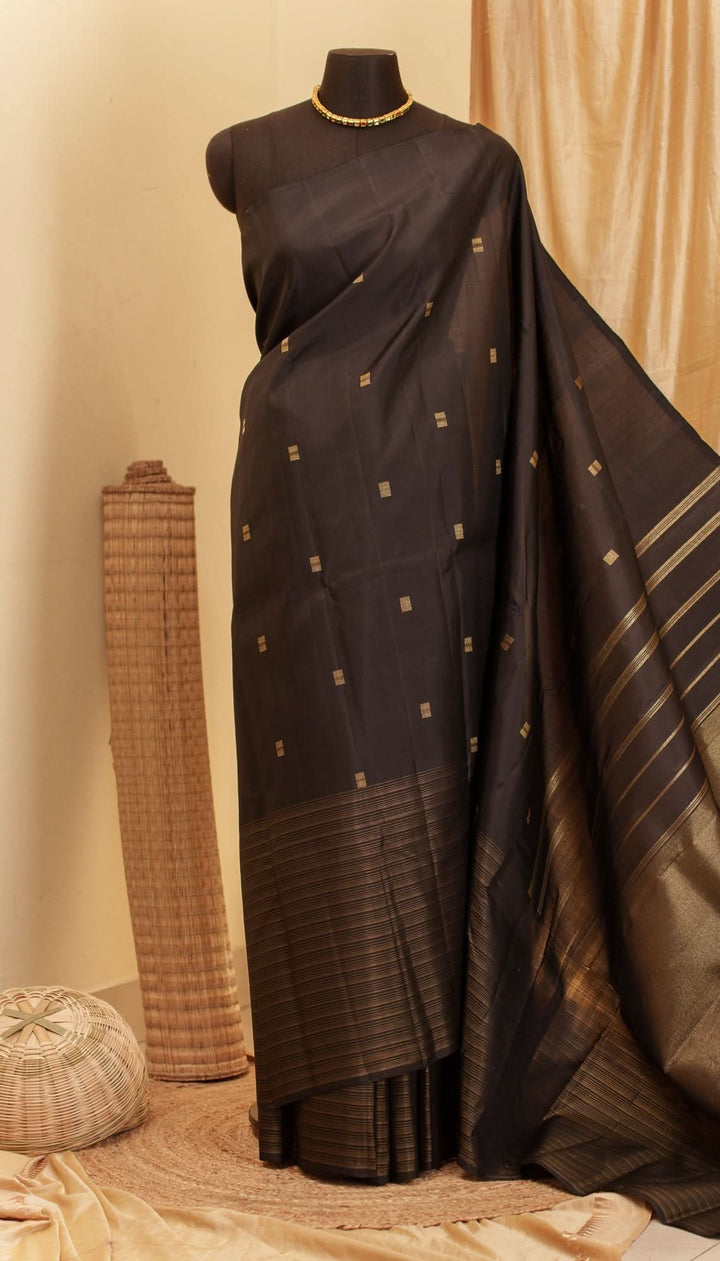 Blackish Brown Vairoosi Kanjivaram Pure Zari Handloom Saree Rahasya | SILK MARK CERTIFIED | SHOBITAM