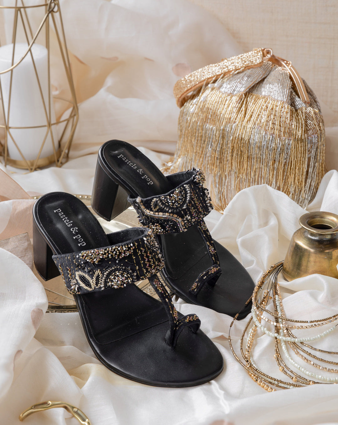 Rayna Hand-Embroidered Black Kolhapuri One-Toe Flats | Ethnic Zardozi Work Slip-On Sandals for Women