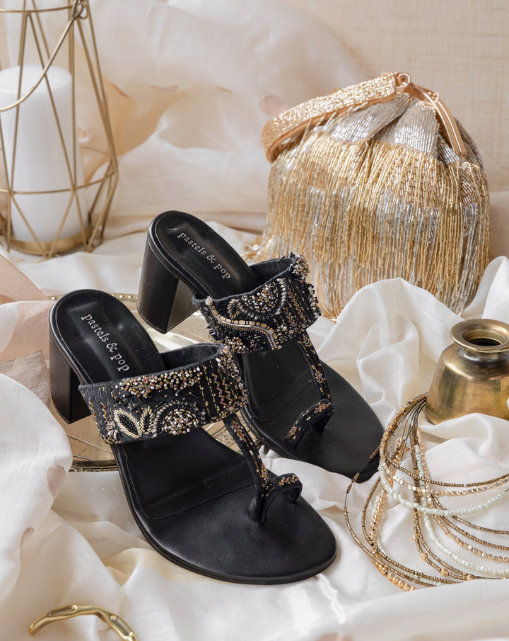 Rayna Hand-Embroidered Black Kolhapuri One-Toe Flats | Ethnic Zardozi Work Slip-On Sandals for Women