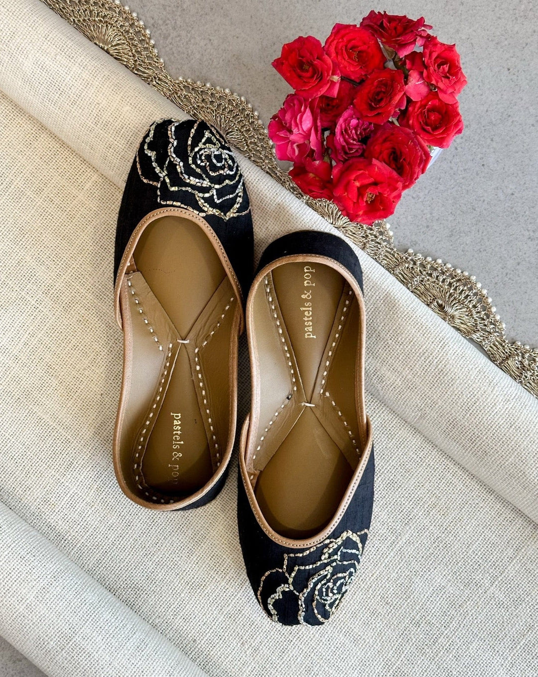 BLACK ROSE Hand-Embroidered Black Velvet Rose Jutti | SHOBITAM