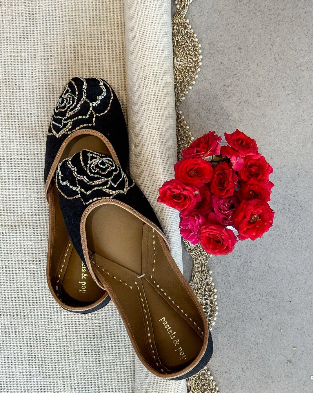 BLACK ROSE Hand-Embroidered Black Velvet Rose Jutti | SHOBITAM
