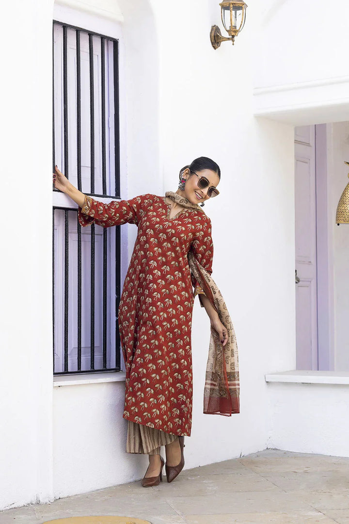 Maroon Hand Block Print Kurta Set With Dupatta | SHOBITAM