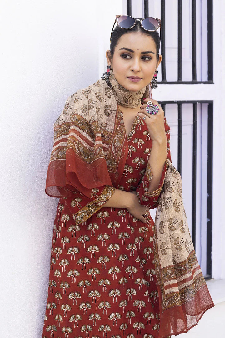 Maroon Hand Block Print Kurta Set With Dupatta | SHOBITAM