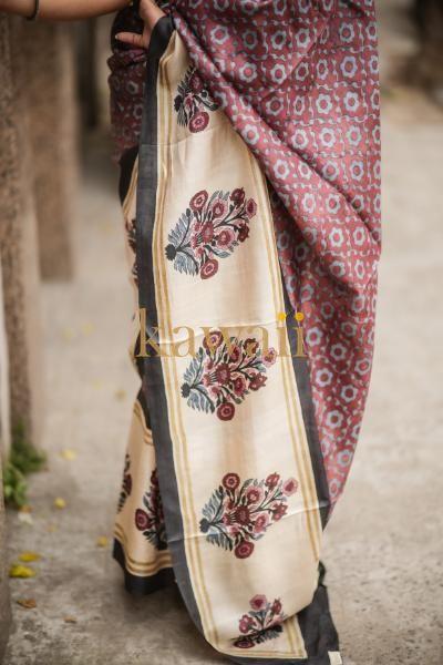 Gulmohar Block Print Tussar Silk Saree | SILK MARK CERTIFIED | SHOBITAM