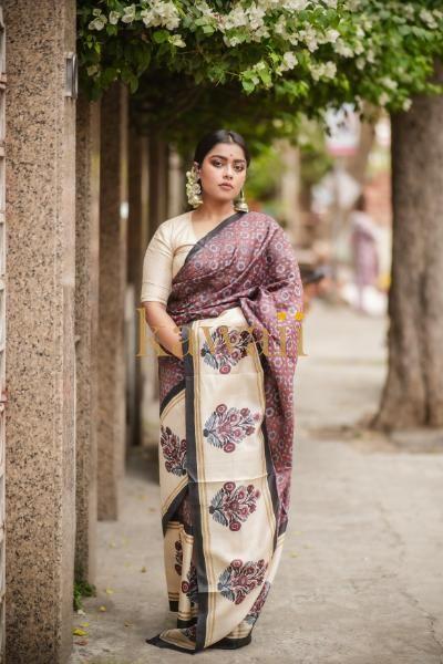 Gulmohar Block Print Tussar Silk Saree | SILK MARK CERTIFIED | SHOBITAM