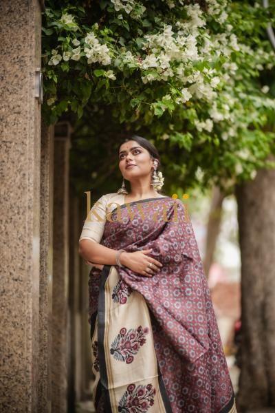 Gulmohar Block Print Tussar Silk Saree | SILK MARK CERTIFIED | SHOBITAM