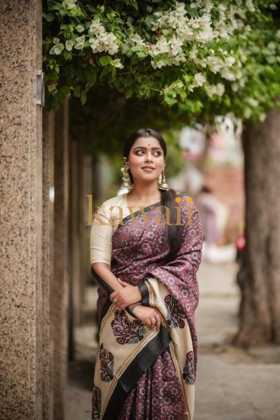 Gulmohar Block Print Tussar Silk Saree | SILK MARK CERTIFIED | SHOBITAM