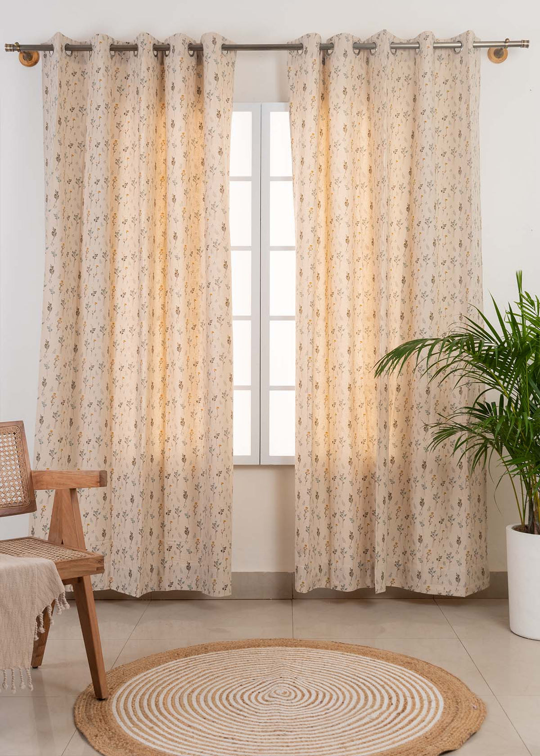 Blooming Meadows Beige 100% cotton floral curtain for living room - Light Reduction - Single Piece | SHOBITAM