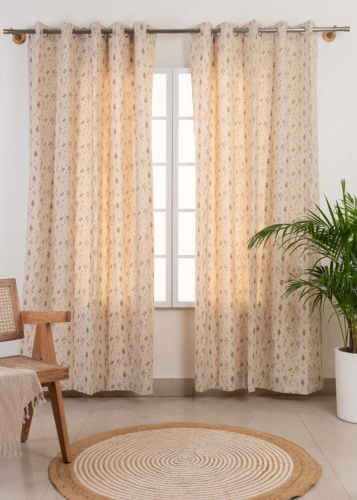 Blooming Meadows Beige 100% cotton floral curtain for living room - Light Reduction - Single Piece | SHOBITAM