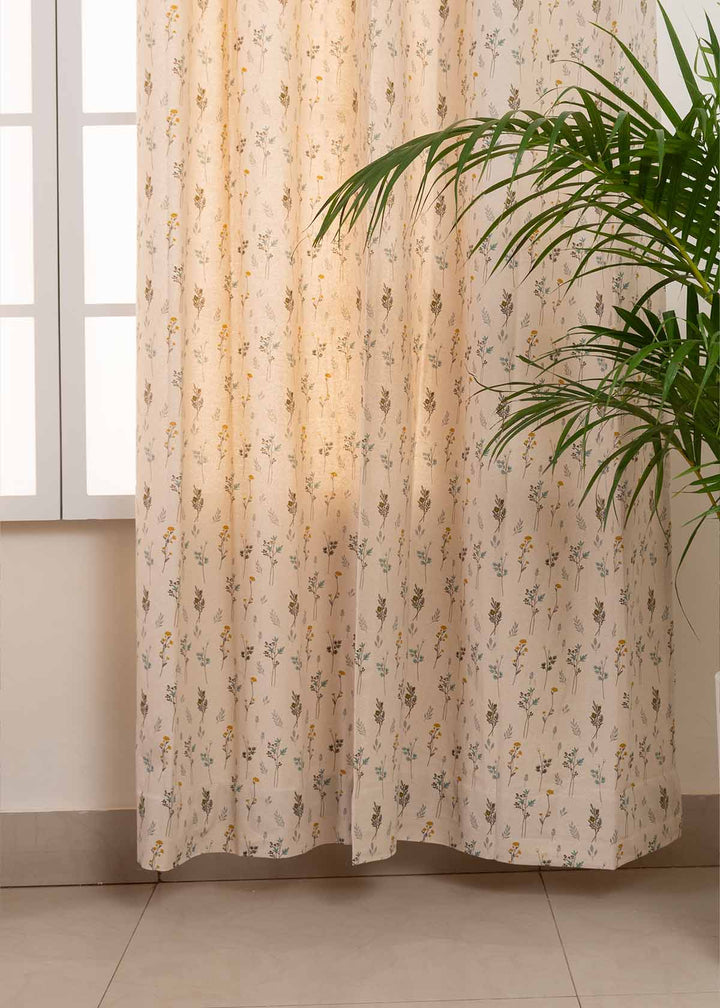 Blooming Meadows Beige 100% cotton floral curtain for living room - Light Reduction - Single Piece | SHOBITAM