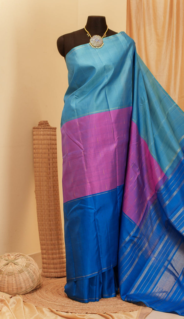 Blue and Purple Kanjivaram Handloom Mubbagam Pure Zari Saree Anika | SILK MARK CERTIFIED | SHOBITAM