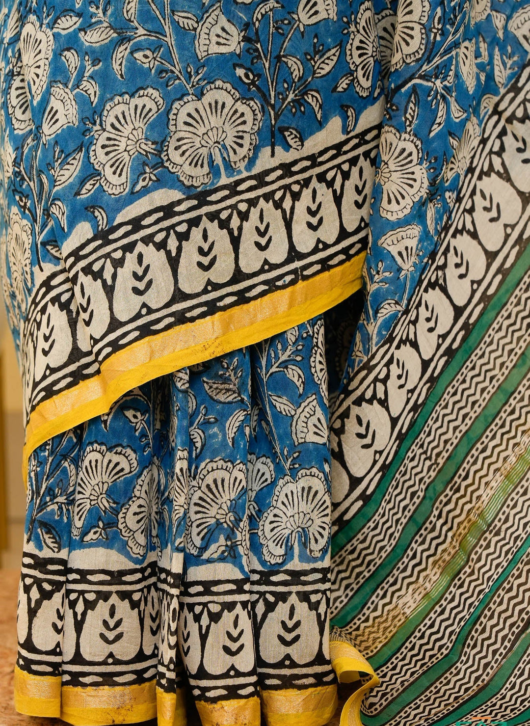 Blue Floral Handblock printed Chanderi Silk Cotton Saree Serenity | SHOBITAM