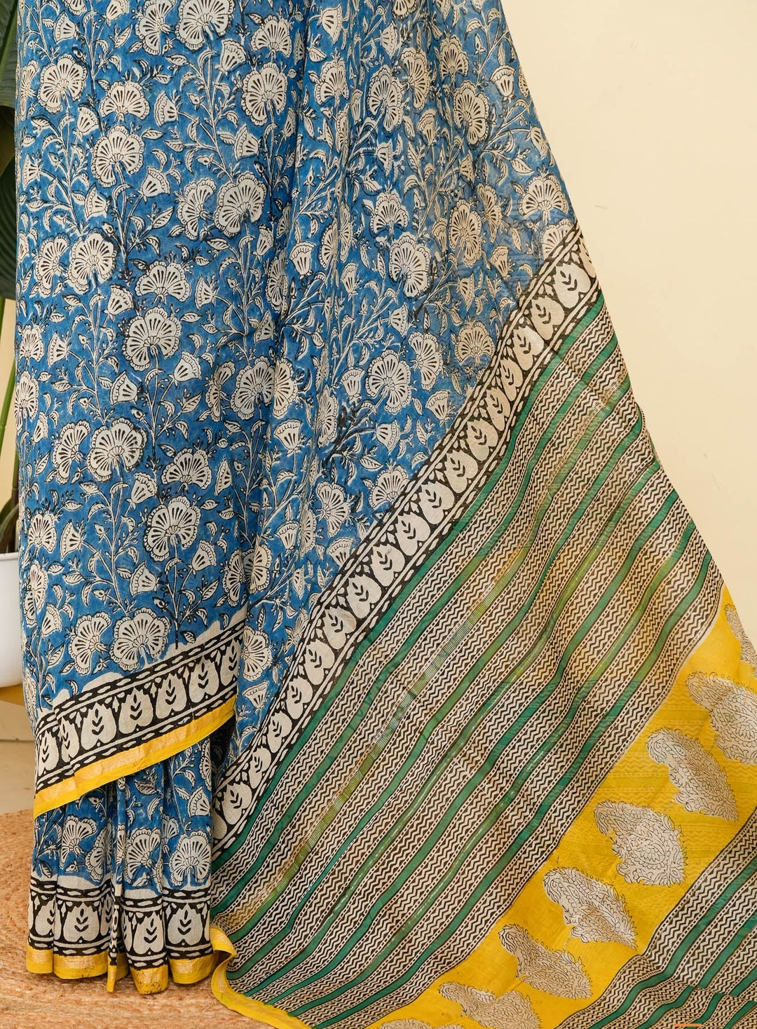 Blue Floral Handblock printed Chanderi Silk Cotton Saree Serenity | SHOBITAM