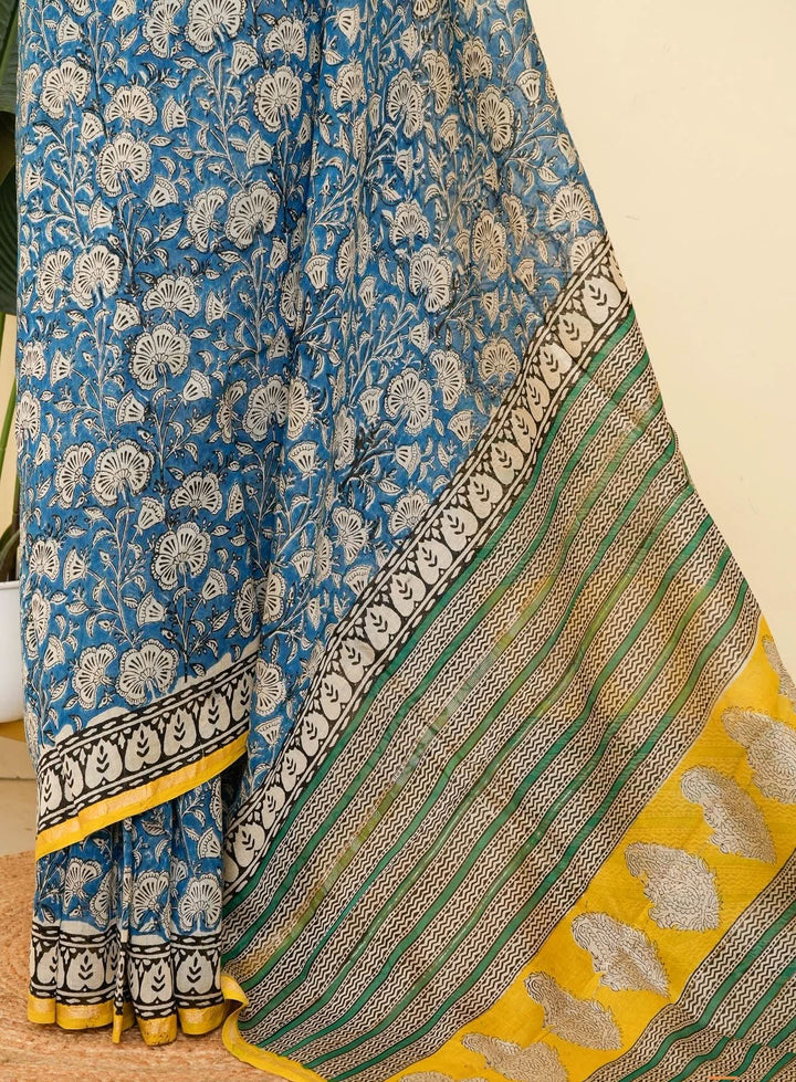 Blue Floral Handblock printed Chanderi Silk Cotton Saree Serenity | SHOBITAM