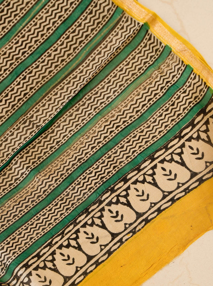 Blue Floral Handblock printed Chanderi Silk Cotton Saree Serenity | SHOBITAM