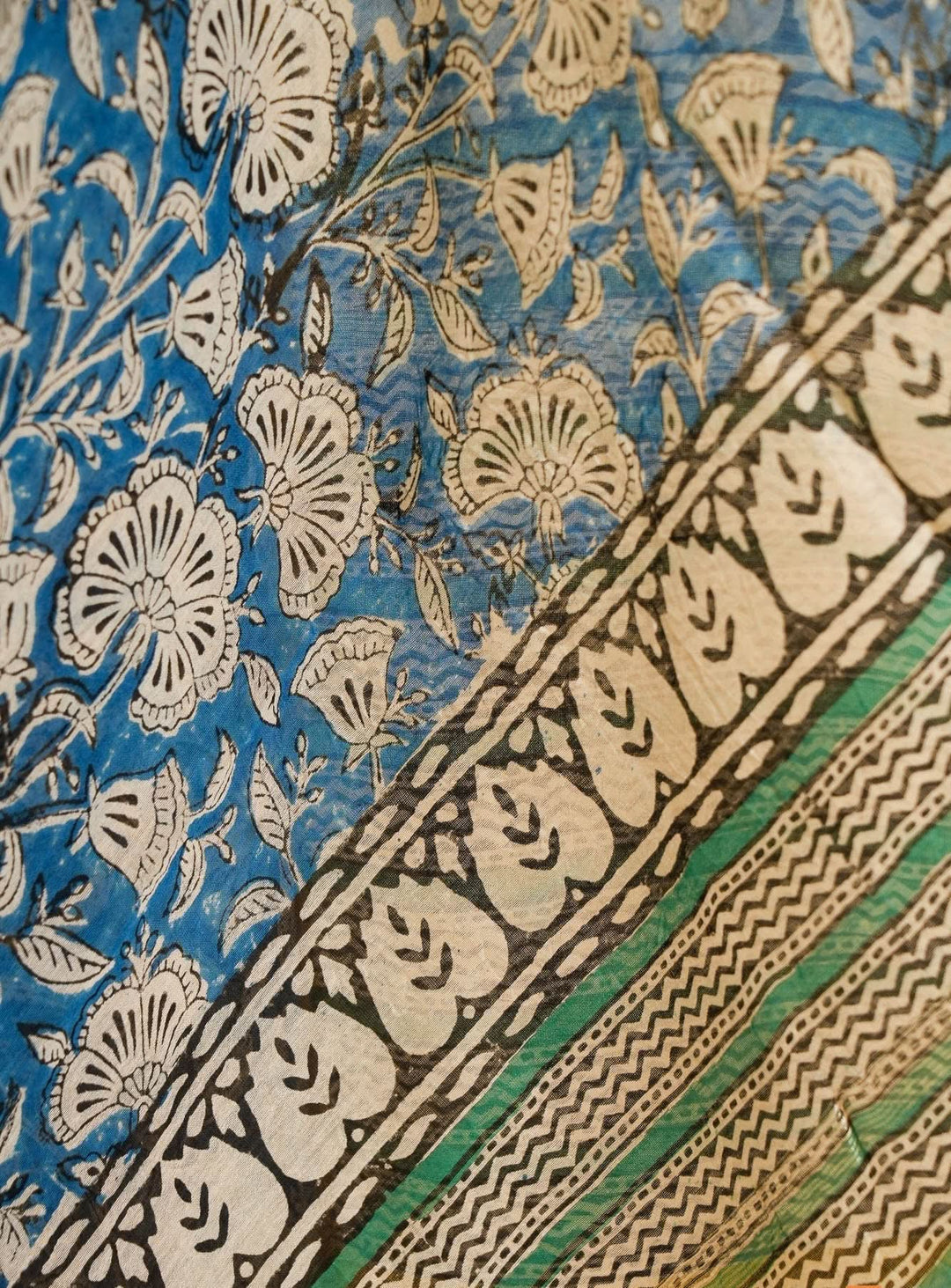 Blue Floral Handblock printed Chanderi Silk Cotton Saree Serenity | SHOBITAM