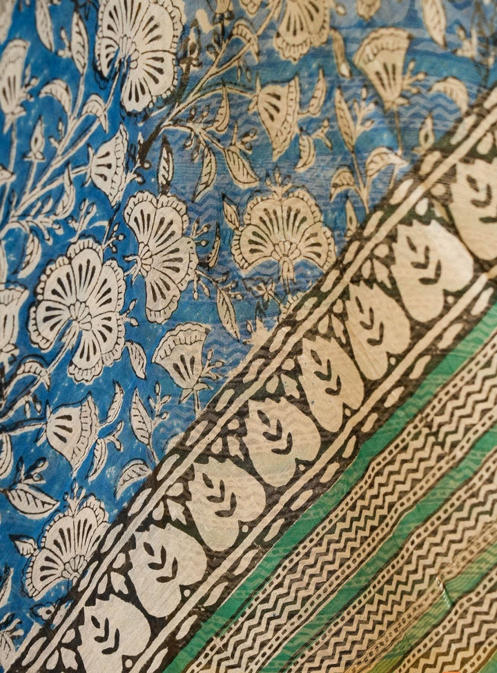 Blue Floral Handblock printed Chanderi Silk Cotton Saree Serenity | SHOBITAM