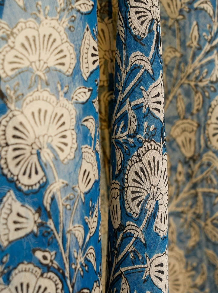 Blue Floral Handblock printed Chanderi Silk Cotton Saree Serenity | SHOBITAM