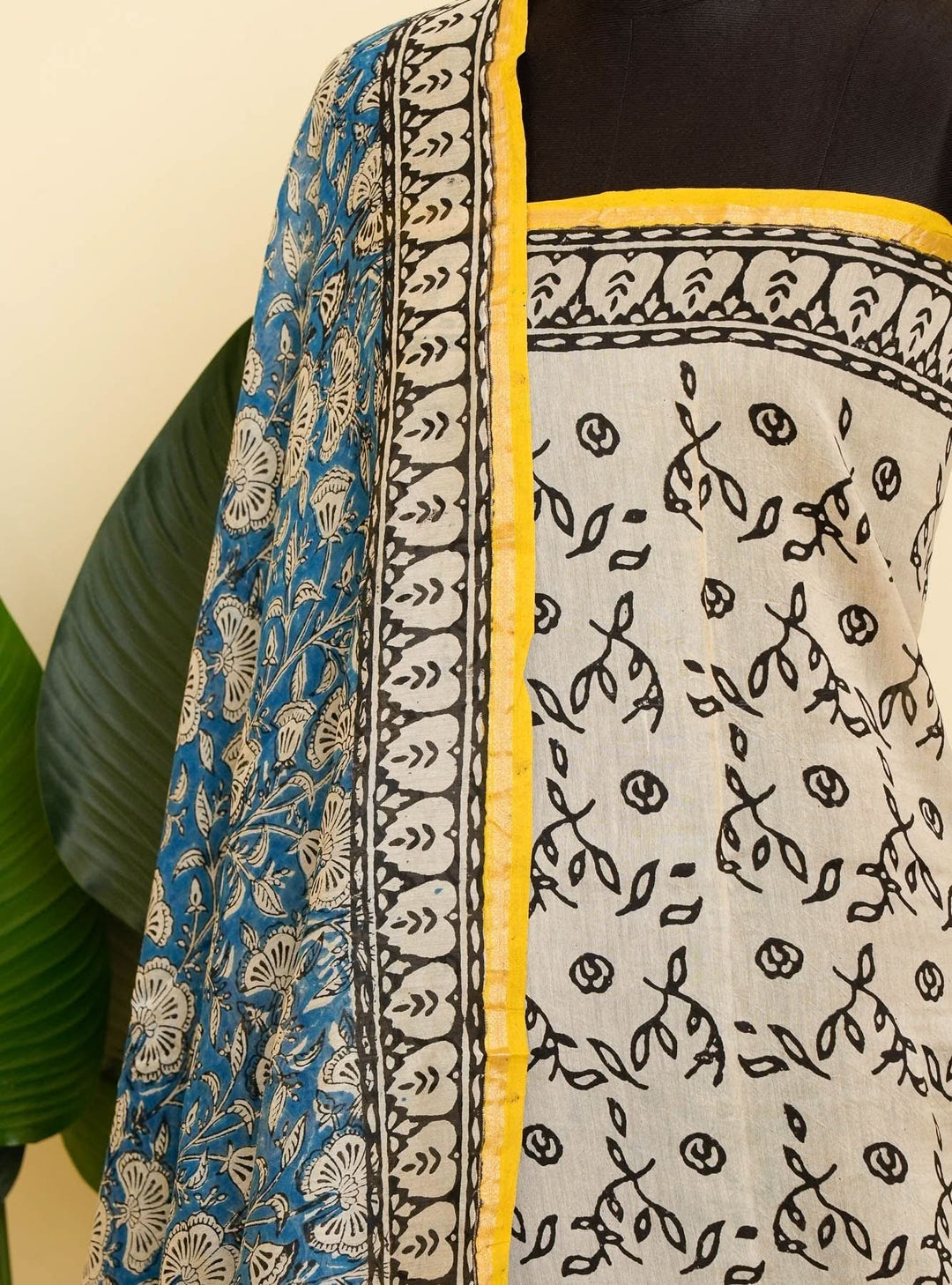 Blue Floral Handblock printed Chanderi Silk Cotton Saree Serenity | SHOBITAM