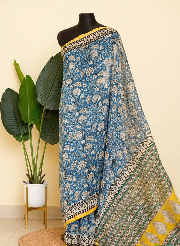 Blue Floral Handblock printed Chanderi Silk Cotton Saree Serenity | SHOBITAM