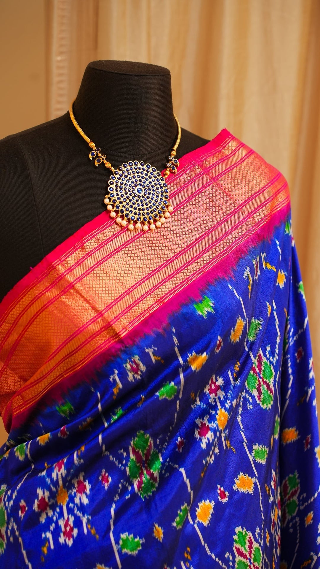 Blue With Red Pochampally Ikkat Silk Saree Minsaram | SILK MARK CERTIFIED | SHOBITAM