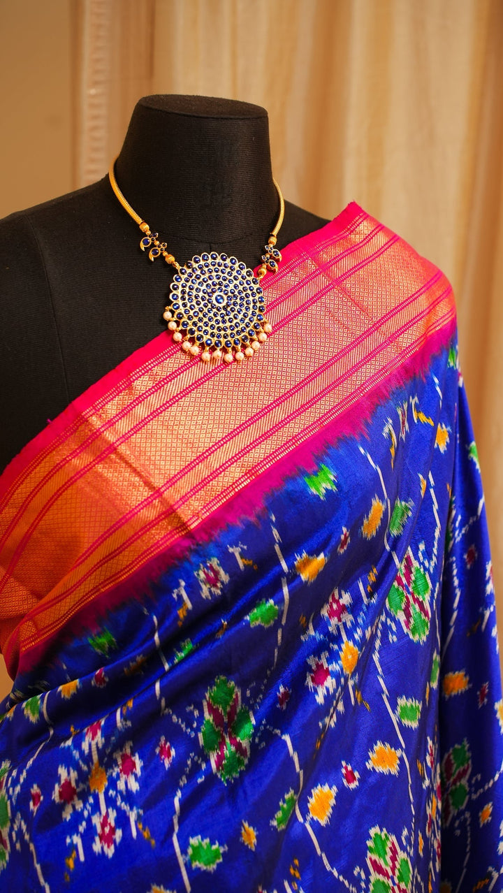Blue With Red Pochampally Ikkat Silk Saree Minsaram | SILK MARK CERTIFIED | SHOBITAM