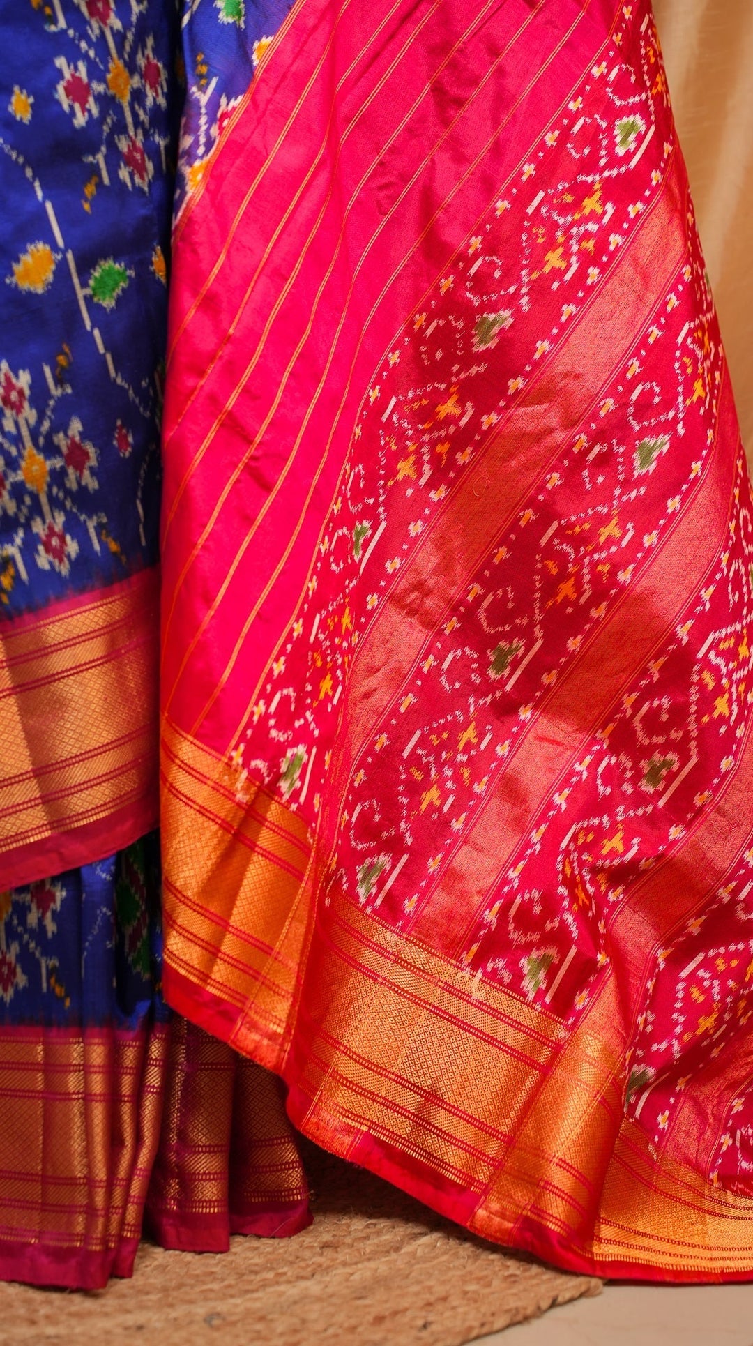 Blue With Red Pochampally Ikkat Silk Saree Minsaram | SILK MARK CERTIFIED | SHOBITAM