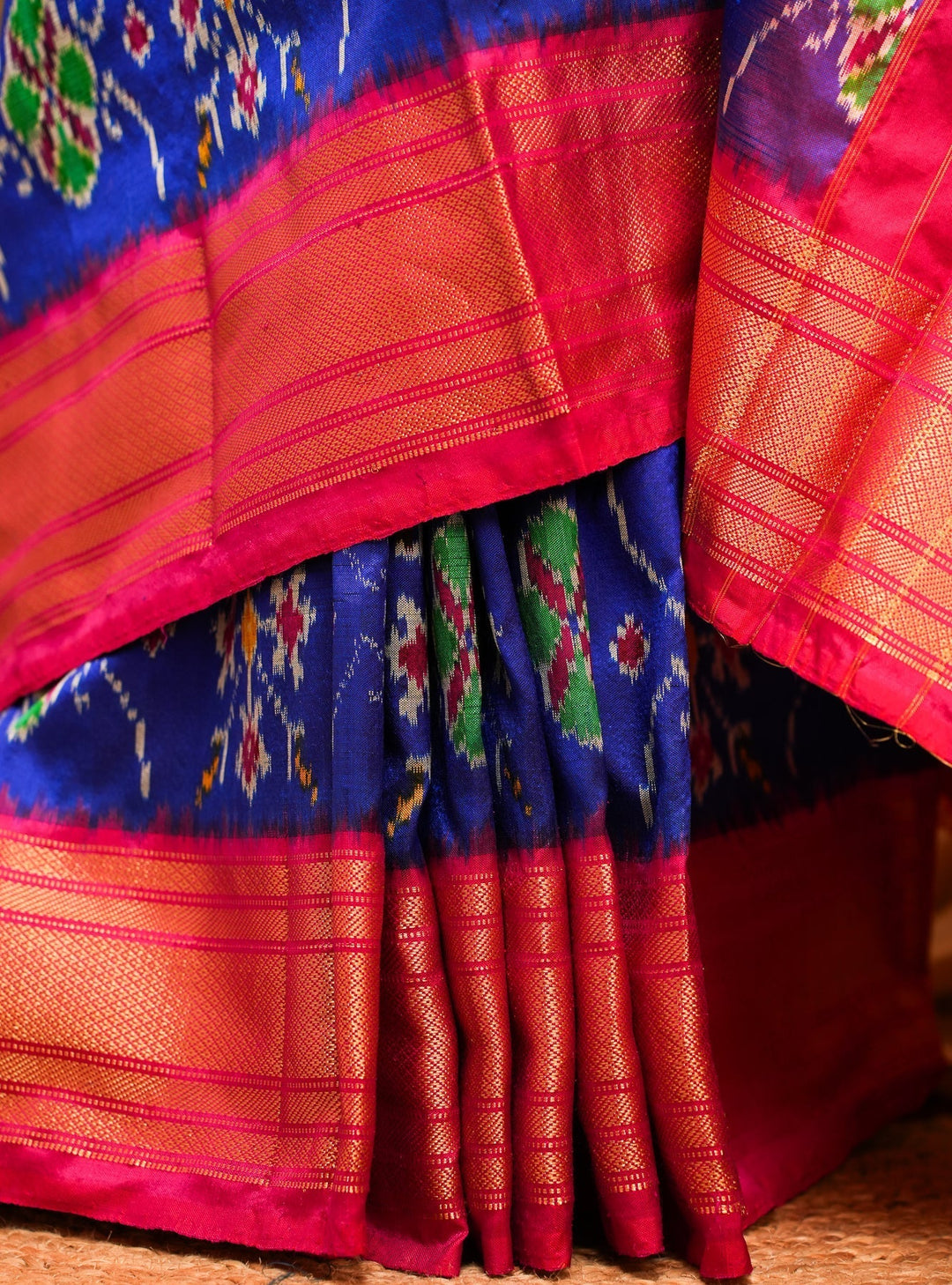 Blue With Red Pochampally Ikkat Silk Saree Minsaram | SILK MARK CERTIFIED | SHOBITAM