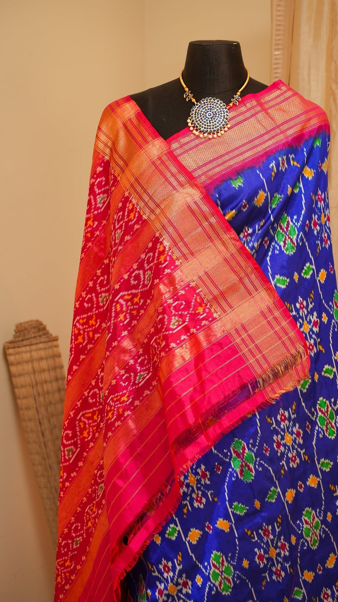Blue With Red Pochampally Ikkat Silk Saree Minsaram | SILK MARK CERTIFIED | SHOBITAM