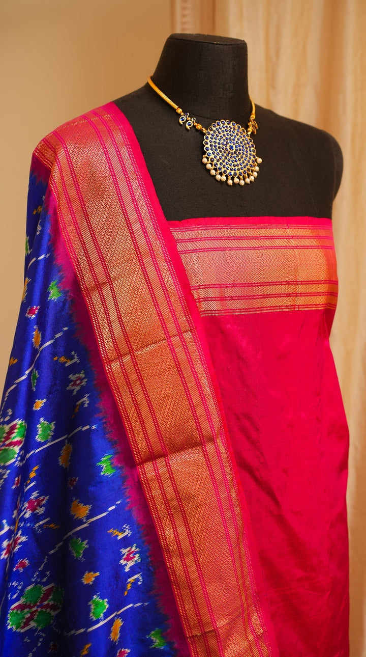 Blue With Red Pochampally Ikkat Silk Saree Minsaram | SILK MARK CERTIFIED | SHOBITAM