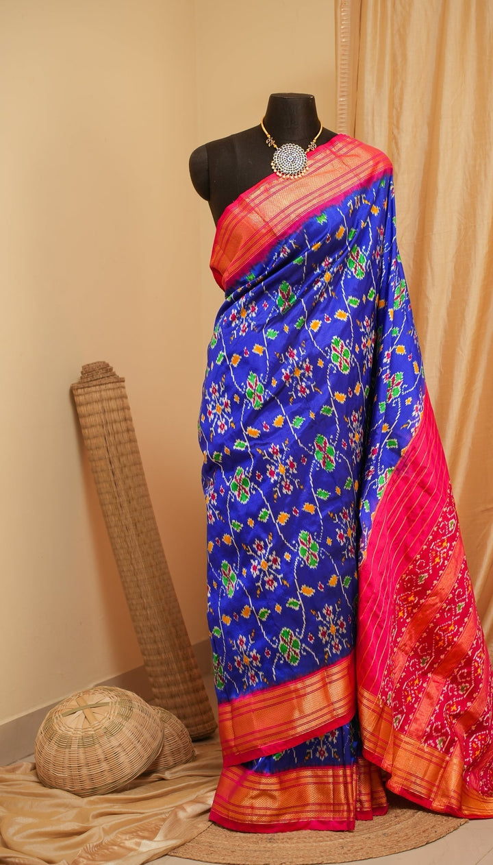 Blue With Red Pochampally Ikkat Silk Saree Minsaram | SILK MARK CERTIFIED | SHOBITAM