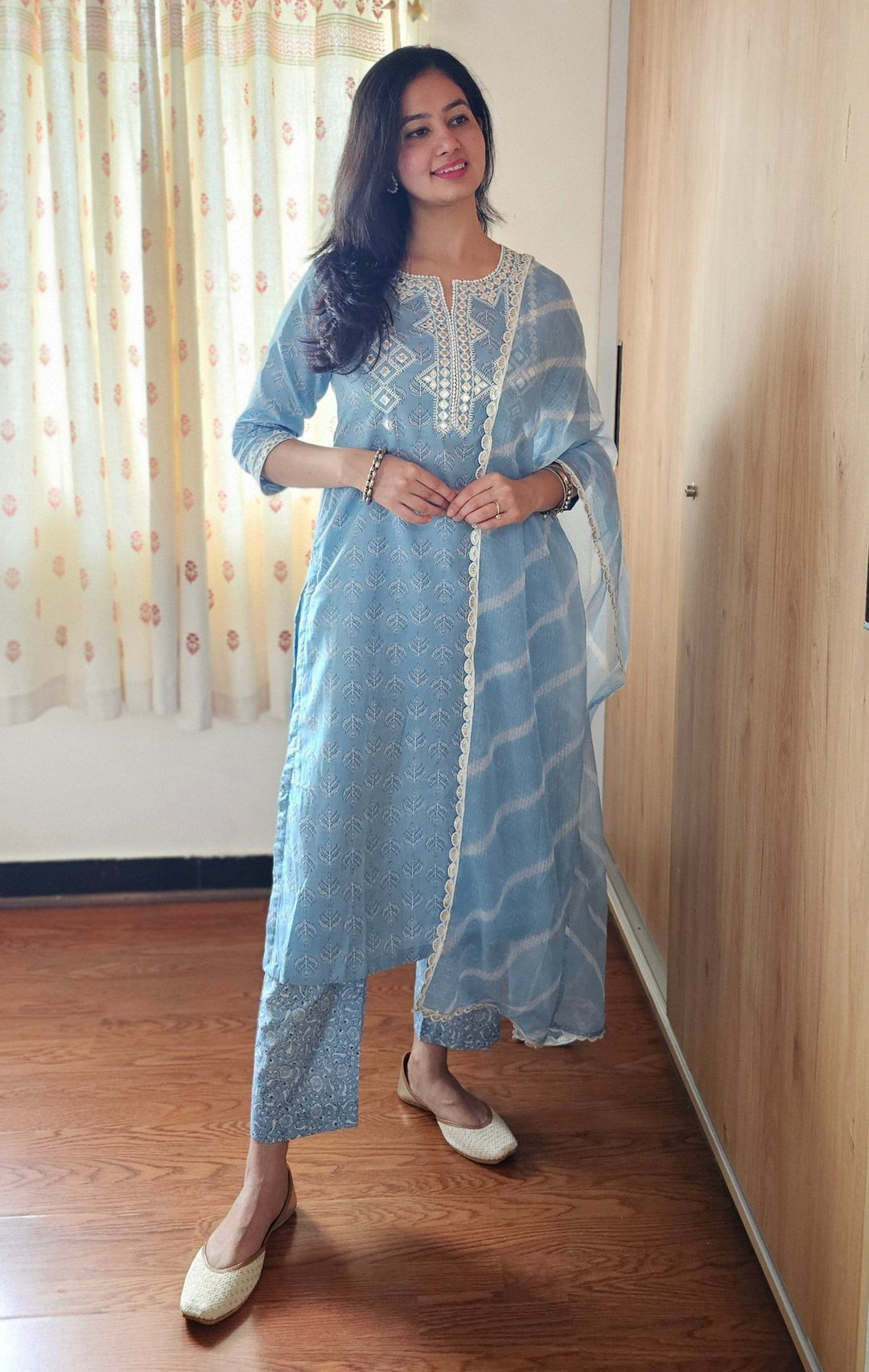 NARGIS Blue Embroidered Mirrorwork Cotton Kurta Set Of 3