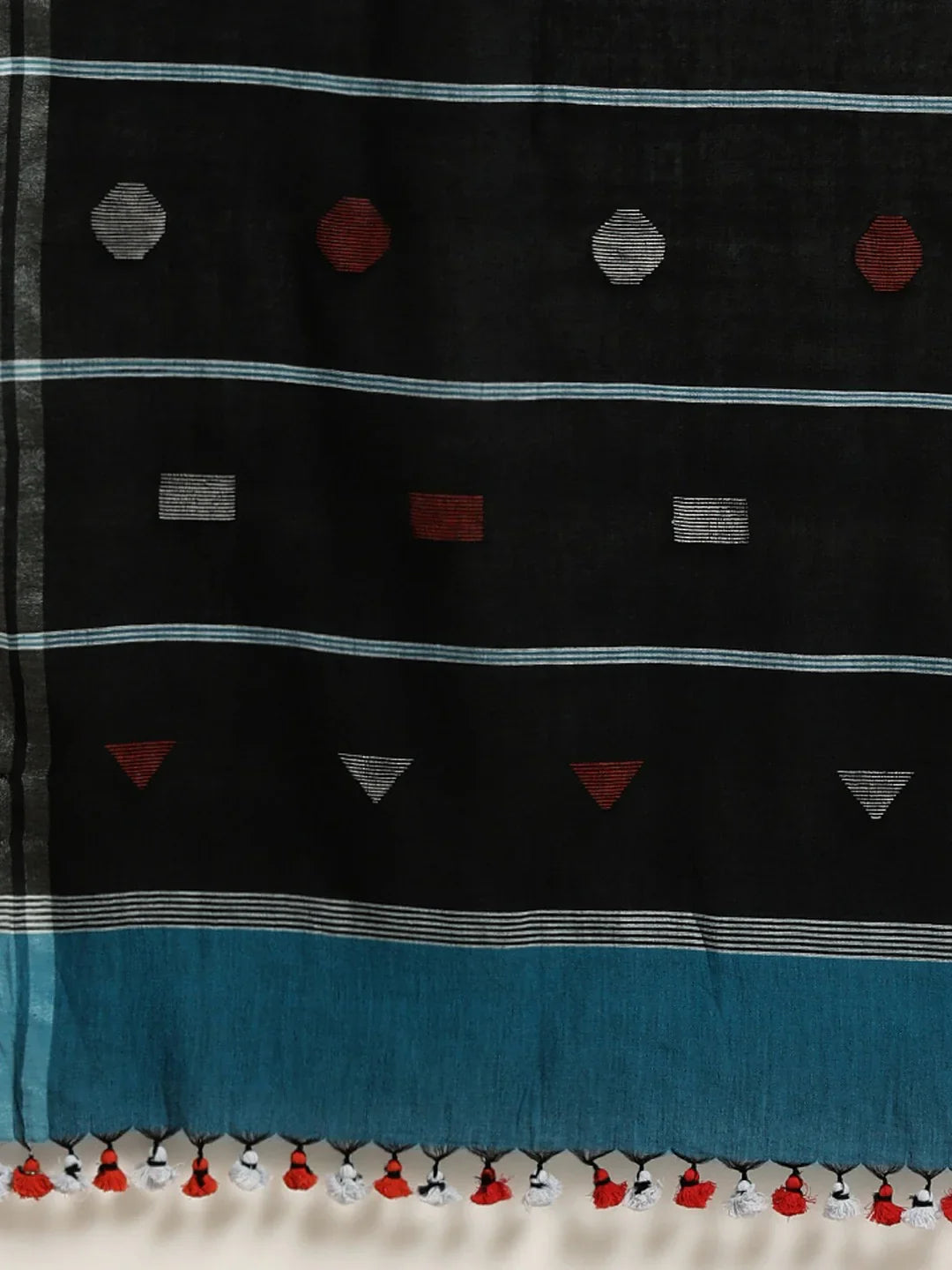 Peacock Blue Handloom Jamdani Cotton Saree with Black Pallu