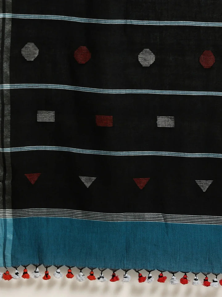 Peacock Blue Handloom Jamdani Cotton Saree with Black Pallu